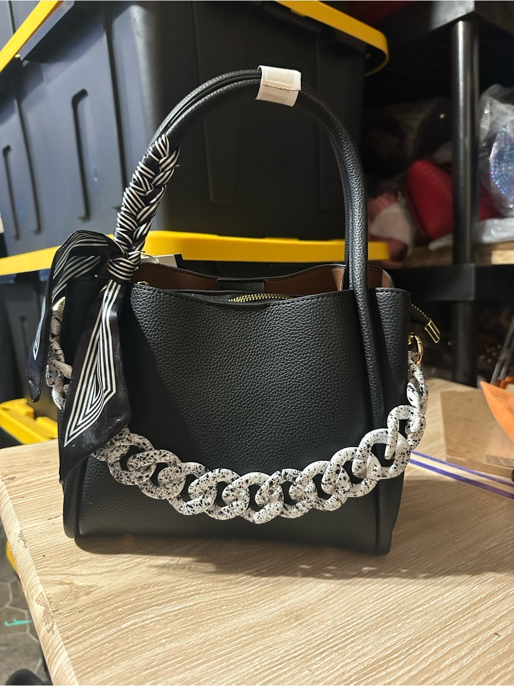 Black Tote Bag with Decorative Chain and Scarf